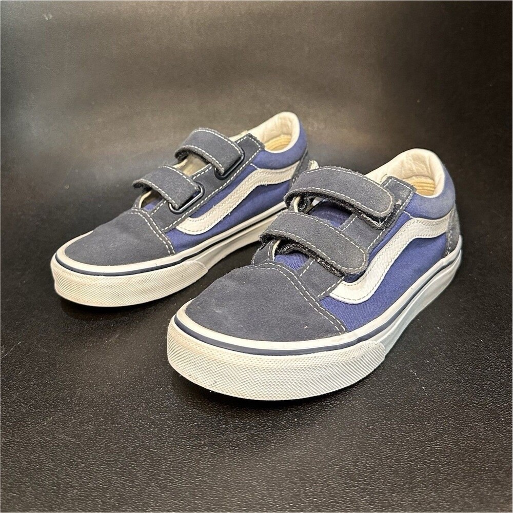 VANS Old Skool V Kids Blue/Gray Canvas Hook & Loop Low Top Sneaker US 2